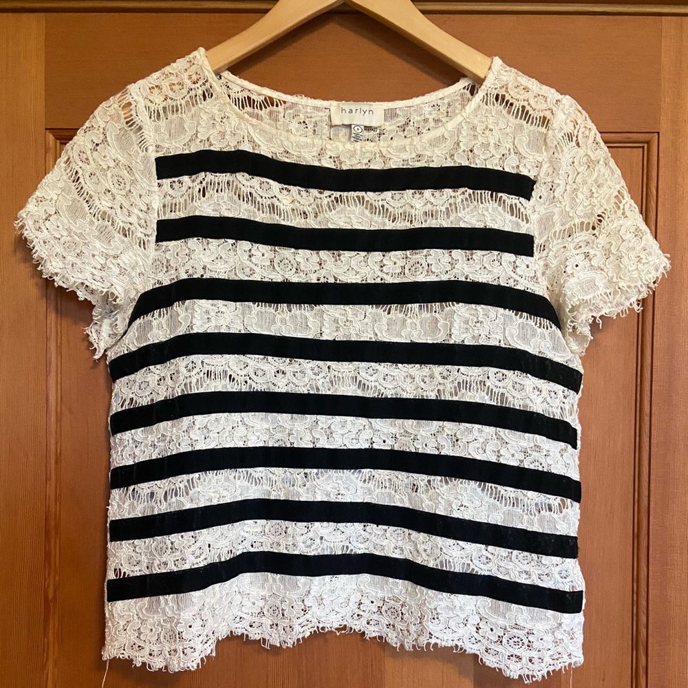 Harlyn White Lace Top with Black Velvet Stripes